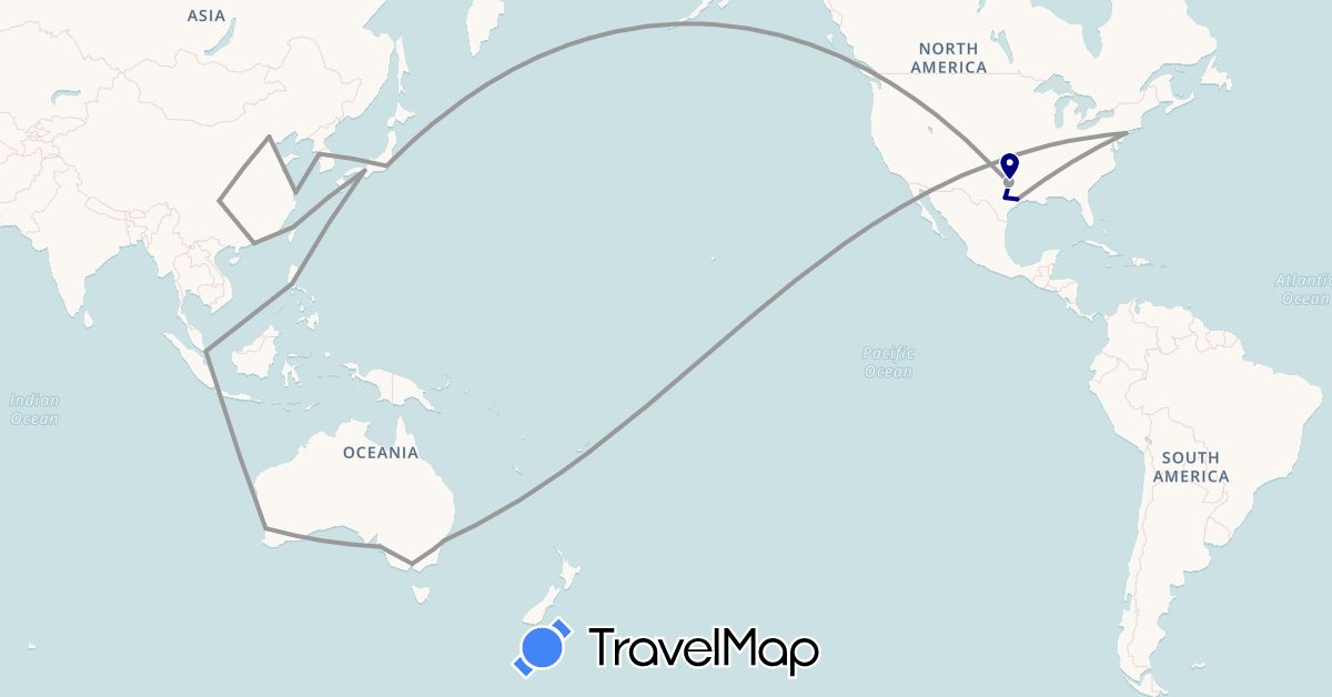 TravelMap itinerary: driving, plane in Australia, China, Hong Kong, Japan, South Korea, Macau, Philippines, Singapore, Taiwan, United States (Asia, North America, Oceania)