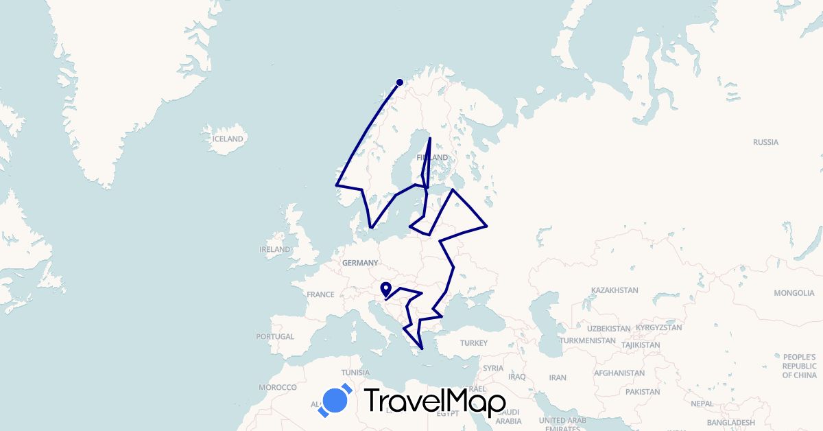 TravelMap itinerary: driving in Albania, Bulgaria, Belarus, Denmark, Estonia, Finland, Greece, Croatia, Hungary, Lithuania, Latvia, Moldova, Macedonia, Norway, Romania, Serbia, Russia, Sweden, Ukraine (Europe)